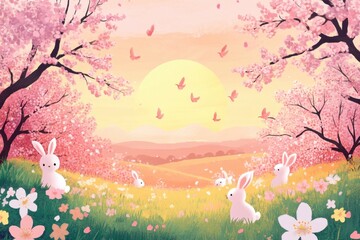 Bunnies Play in Springtime Cherry Blossom Meadow