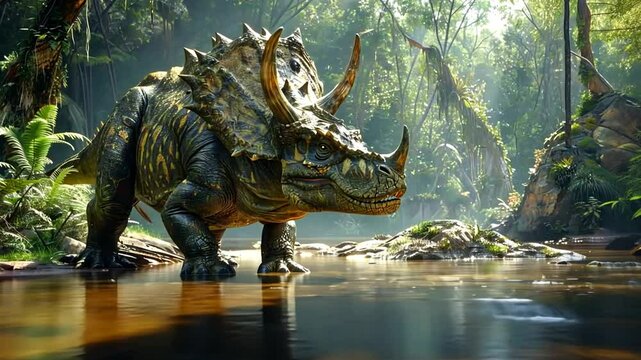 Explore the lush prehistoric landscape inhabited by a powerful dinosaur near a serene water source