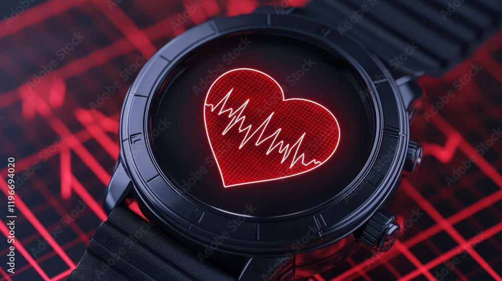 Poster modern smartwatch displaying heart rate monitor on red background