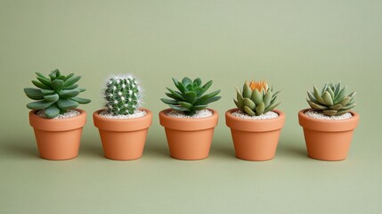 Obraz premium Miniature cactus plants in textured clay pots, set against a muted green backdrop