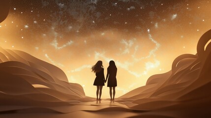 Obraz premium Romantic silhouette of two women holding hands, surrounded by golden waves and starlit skies, celebrating lesbian love, LGBT pride, and Valentine's Day.