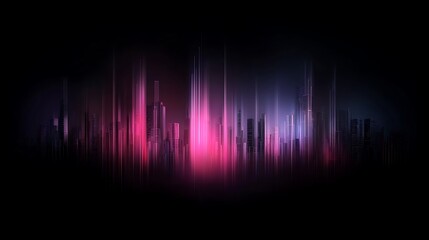 Abstract urban skyline with vibrant pink and blue light waves creating a dynamic atmosphere