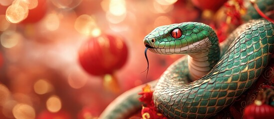 Fototapeta premium Vibrant Green Snake Coiled Among Festive Red Lanterns with Bokeh Background Celebrating Chinese New Year