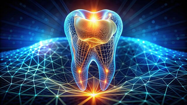 Silhouette 3D Tooth: Illuminated Nerve & Root Canal with Digital Mesh Grid