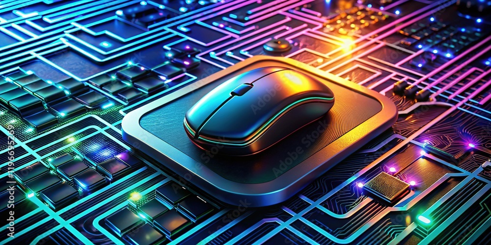 Aufkleber sleek keyboard & mouse on glowing digital circuit board - generative ai technology stock photo