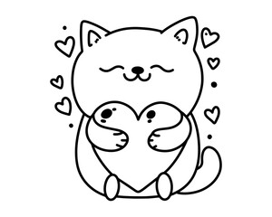 Cartoon cat with heart. Cute Sticker. Vector.
