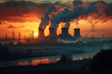 Fototapeta premium Industrial Power Plant Emitting Smoke at Sunset with Dramatic Sky and Silhouetted Landscape