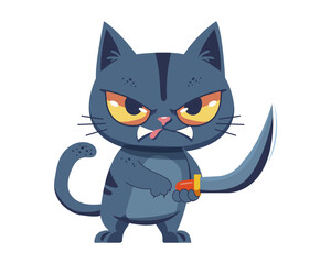 Funny cat with a knife. Cartoon character. Vector.