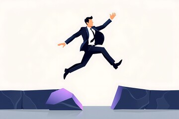 Businessman Leap of Faith: A stylized vector illustration of a confident businessman in a suit taking a bold leap of faith across a chasm, symbolizing risk-taking, ambition, and overcoming challenges.