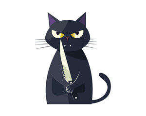 Funny cat with a knife. Cartoon character. Vector.