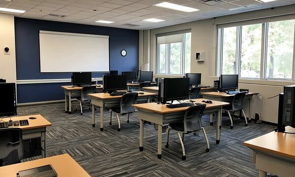 Modern classroom with computers and desks arranged for learning, featuring large windows and a clock on the wall
