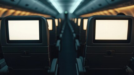 Airplane Cabin Interior: Empty Seats and Blank Screens Awaiting Passengers