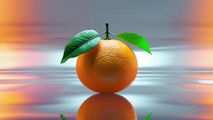 crisp orange sits centered on a reflective surface with a blurred background