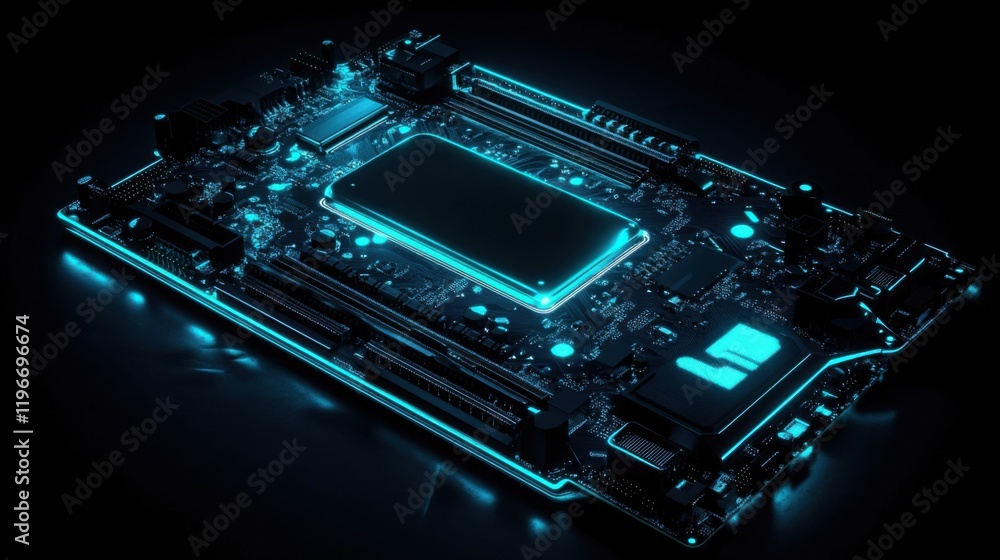 Poster a computer motherboard with a cpu on top
