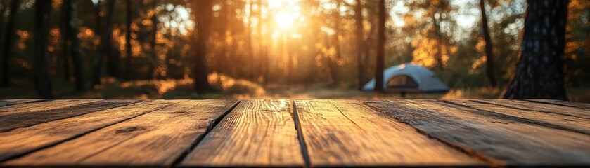 Rustic Wooden Table in Forest Campsite with Tent and Sunlight Filtering Through Trees at Sunset