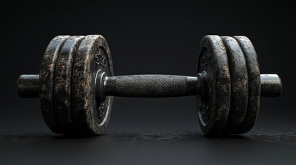 Naklejka premium A 3D model of a heavy-duty cast-iron dumbbell, with matte black finish, set against a pure black background with smooth lighting effects