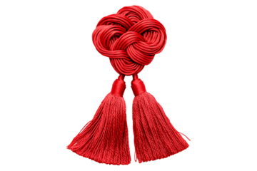 Red decorative Chinese knot with tassel isolated on white transparent background. Concept of culture and traditional Chinese Lunar New Year decoration