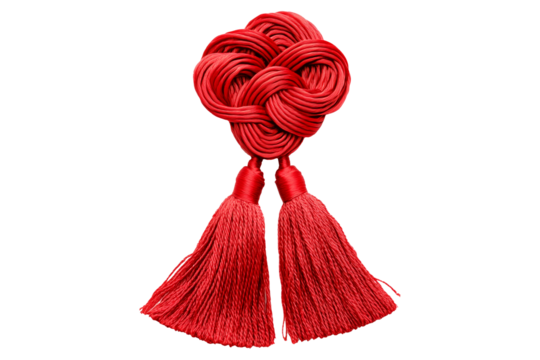 Red decorative Chinese knot with tassel isolated on white transparent background. Concept of culture and traditional Chinese Lunar New Year decoration