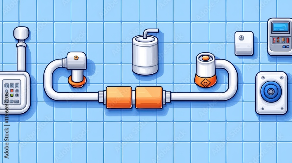 Poster sleek pipe network design with various connectors and controls