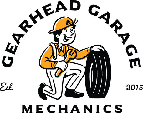 Retro-style emblem featuring a mechanic character rolling a tire, designed in a vintage illustrative style, ideal for garage branding, handyman services, and automotive merchandise.