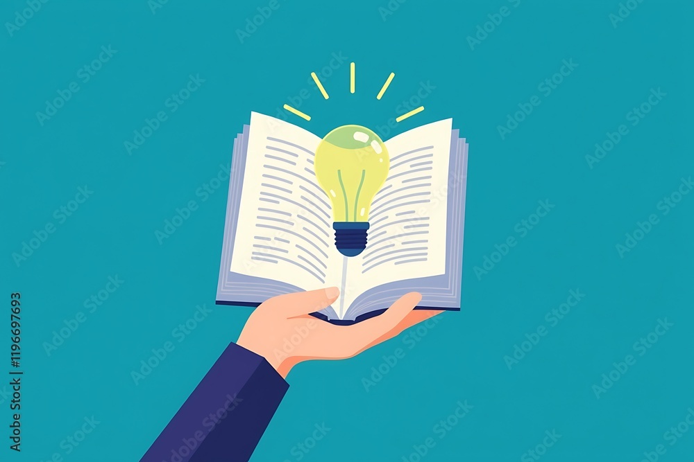 Poster the power of knowledge: a hand holds open a book with a glowing light bulb illuminating from within,