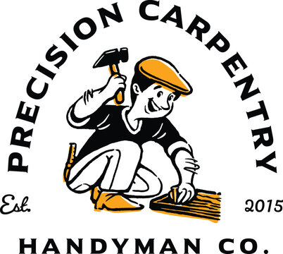 Retro-style emblem featuring a carpenter character working with a plank and hammer, designed in a vintage illustrative style, ideal for carpentry businesses