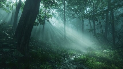 Obraz premium Mystical Forest Path: Sunbeams Illuminate a Foggy Woodland Trail