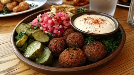 Delicious falafel platter with pickles, salsa, and tahini. Restaurant food photography for menus.