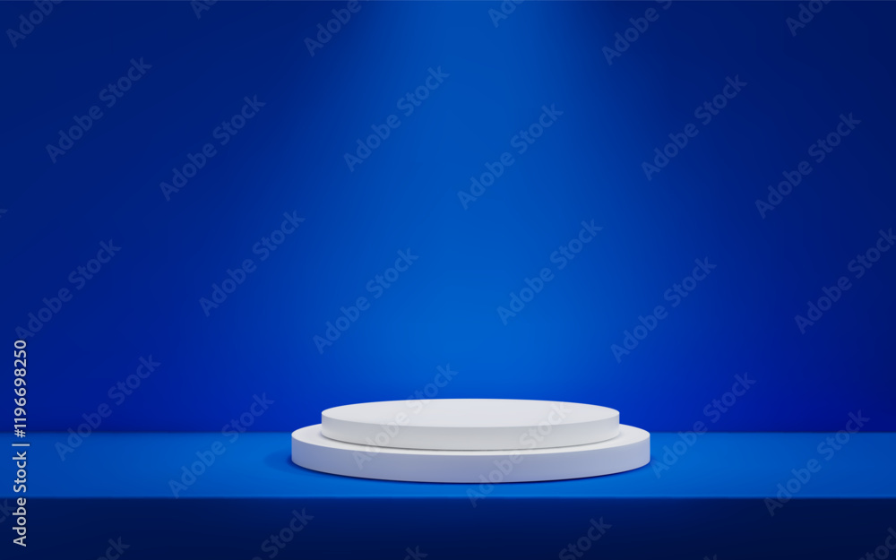 Poster 3d minimalistic blue background with a podium studio scene with platform for product presentation