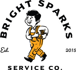 Retro-style emblem featuring an electrician character carrying tools, designed in a vintage illustrative style, ideal for electrical service branding, handyman businesses