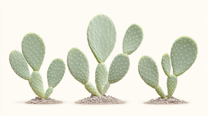 Three Prickly Pears: A trio of vibrant prickly pear cacti, their pads a soft, muted green, stand in a neat row against a minimalist background.