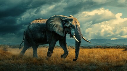 Fototapeta premium Majestic elephant strides across the savanna under a dramatic sky.