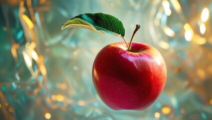 close-up image of a red apple with a single leaf floats against a shimmering, abstract background