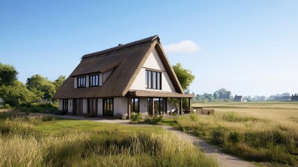 Obraz premium A charming thatched-roof house in a serene landscape.