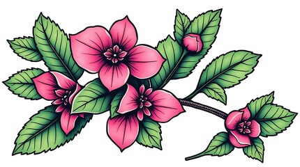 branch of pink flowers with green leaves, likely an illustration of a plant