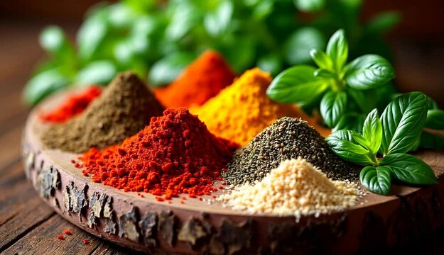 Colorful spices and herbs on wooden board, kitchen setting, food preparation, culinary background, ideal for recipe websites or cookbooks