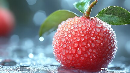 a single, round, textured, red fruit with a stem and two small green leaves.