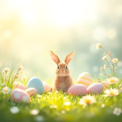 Easter Bunny Surprise: A sweet, fluffy bunny rabbit peeks out from behind a colorful array of Easter eggs, nestled in a bed of vibrant green grass and delicate white flowers, under a bright.