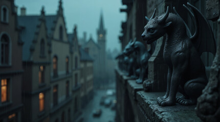 Fototapeta premium Gothic gargoyles on building balcony during rainy evening