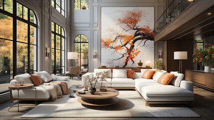 Fototapeta premium Elegant living room with a white sectional sofa, vibrant orange accents, a round wooden coffee table, large windows, and a striking tree mural on the wall.