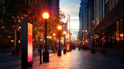 Fototapeta premium A vibrant city street at dusk, illuminated by glowing lamps and colorful digital displays, creating a lively urban atmosphere.