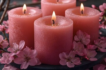 Pink Candle Arrangement with Cherry Blossoms for Relaxation and Decor