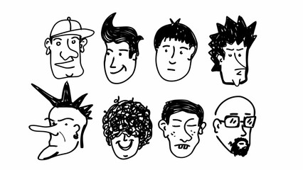 male faces with various expressions characters, doodle black and white vector illustration isolated. caricature, sticker, print design
