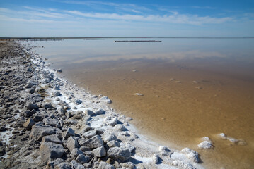 Salt deposits near the shore of Lake Elton. Volgograd region, Russia