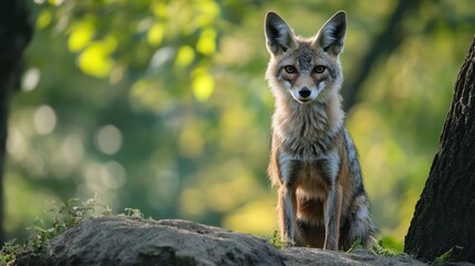 A coyote sits alertly on a rock, gazing intensely.
