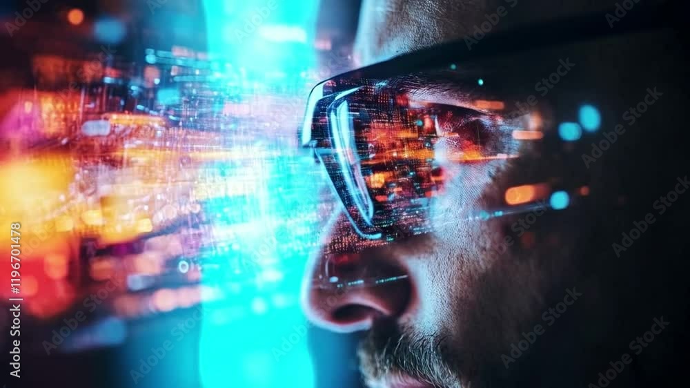 Poster a close-up of a person wearing smart glasses, showcasing vibrant digital data reflecting in the lens