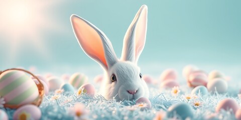 Obraz premium Easter Bunny in Egg Nest: An adorable fluffy white bunny rabbit sits nestled amongst pastel Easter eggs, creating a charming and festive springtime scene.
