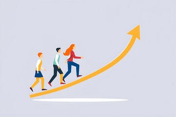 Ascending to Success: A team of diverse individuals climbs a vibrant upward arrow, symbolizing their collaborative journey towards growth and achievement.