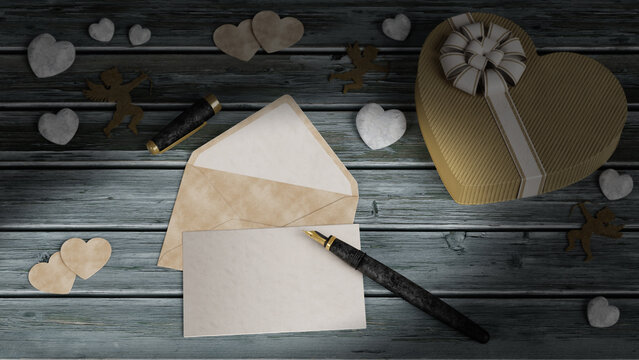 Illustrazione 3D. Biglietto di auguri in occasione di San Valentino. Scrivere con la penna il proprio amore alla propria amata. I cuori ed il cono simboli d'amore.