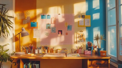 Sunny Art Studio Workspace: Colorful and Creative Desk Setup